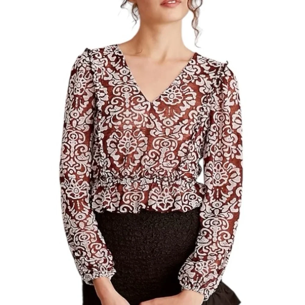 Anthropologie Brown Jacquard Ruffle Cropped Peasant Blouse - L